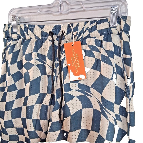Negative Space Lined Swim Trunks Mens Med Checkerboard Pockets Drawstring NWT - Picture 1 of 9